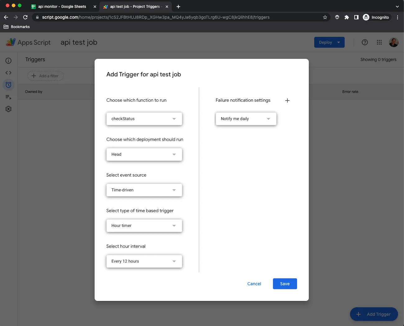 api monitoring with google sheets set trigger api monitoring with google sheets set trigger