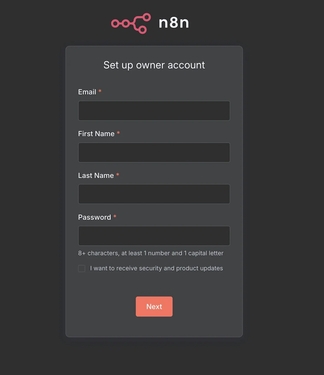 n8n registration screen at startup local hosting